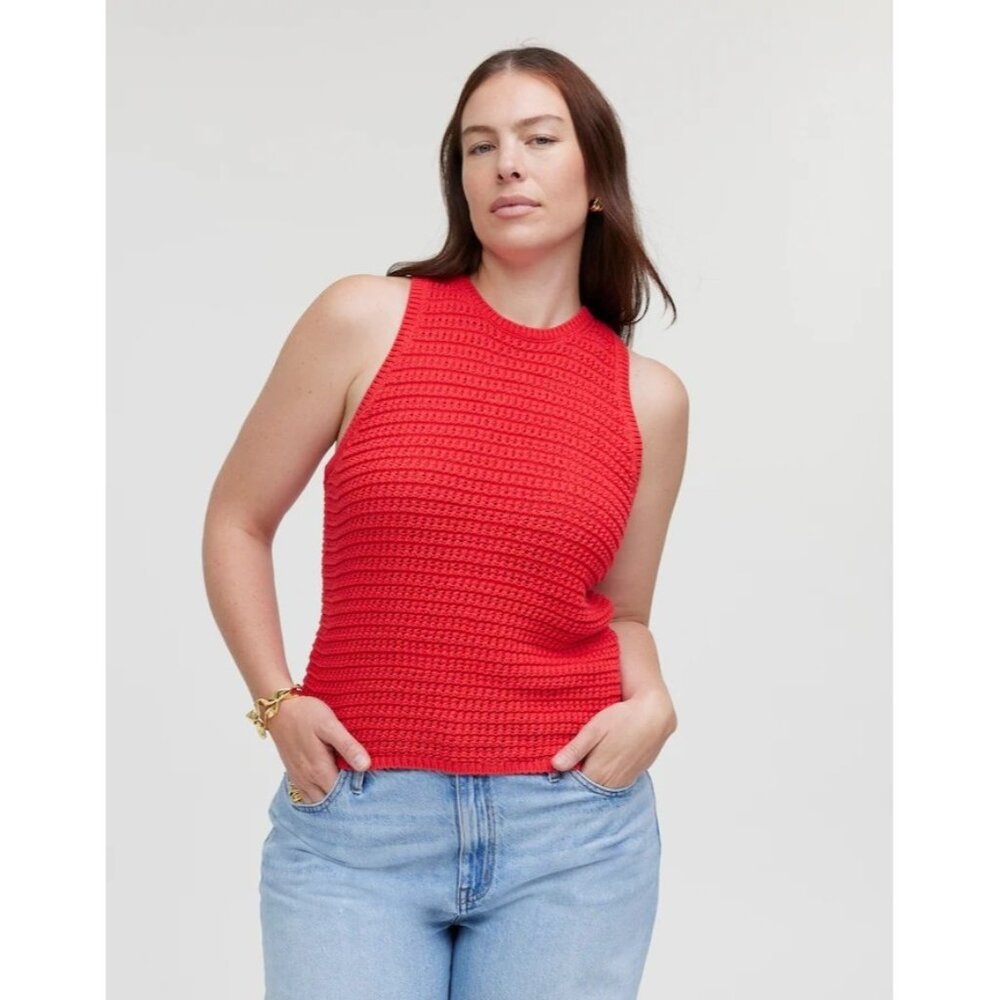 Madewell Crochet-Knit Crewneck Sweater Tank in Crushed Watermelon